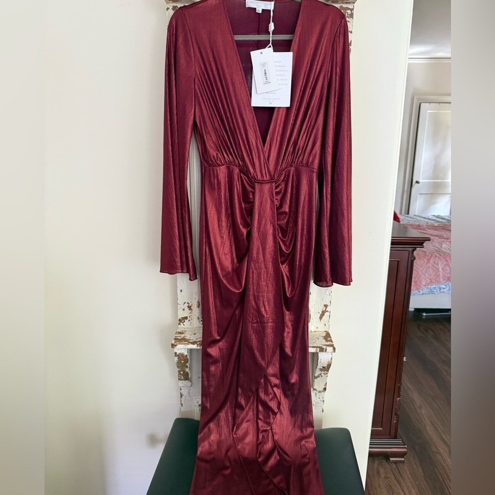 NWT Caroline Constas Metallic Maroon Dorian Dress Size Small